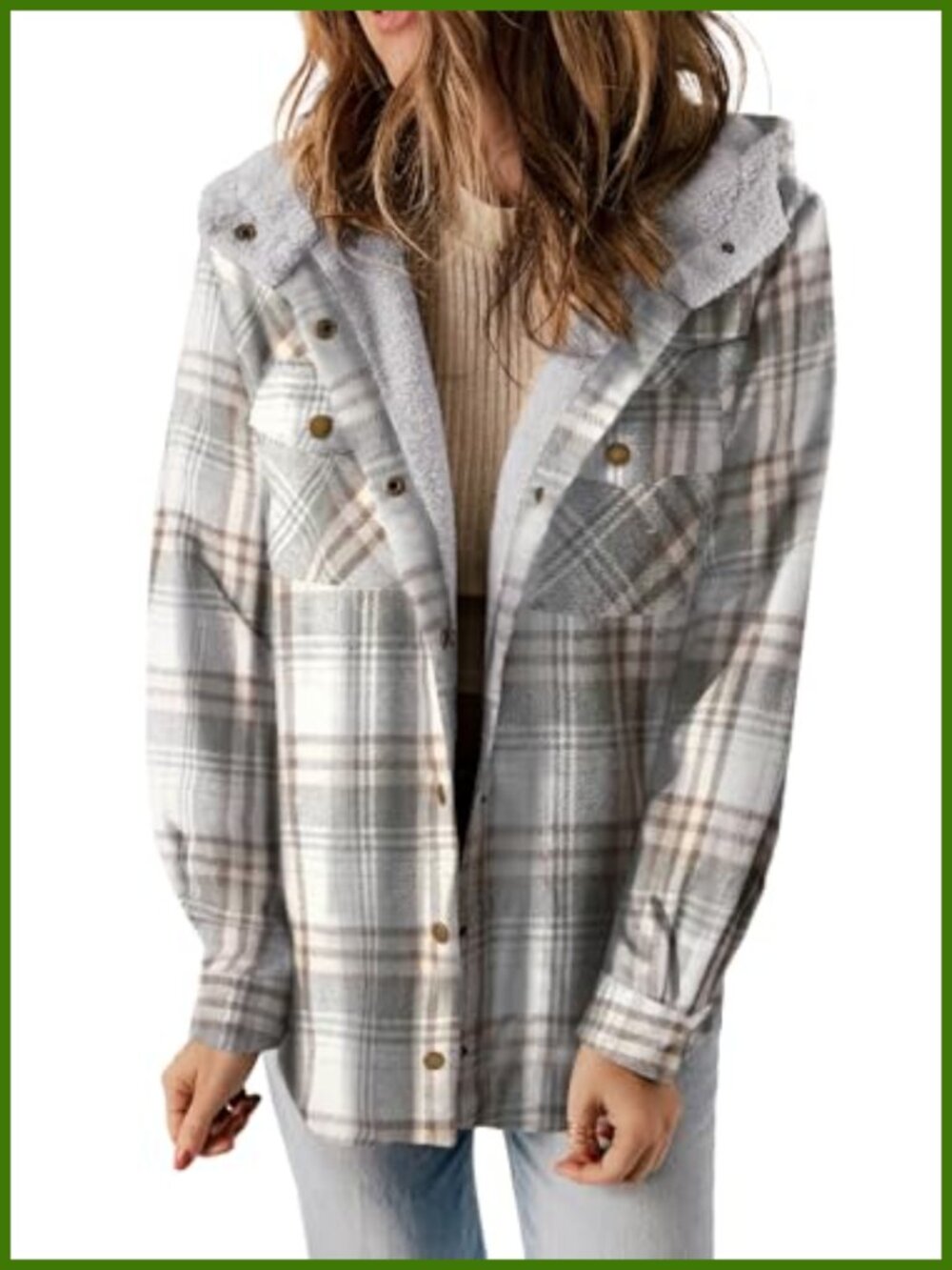 Womens Plaid Shacket Jacket Warm Fleece Hooded Winter Coat